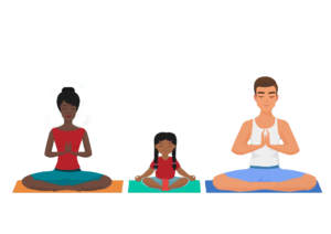 two adults and one child sitting in yoga poses on mats