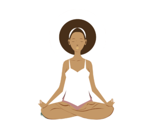 animated black woman sitting in a cross-legged yoga pose